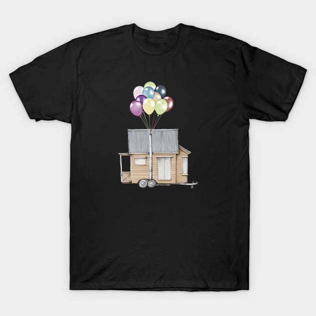 Up! Tiny House On Wheels With Balloons In Chimney, Like Up Movie T-Shirt by iosta